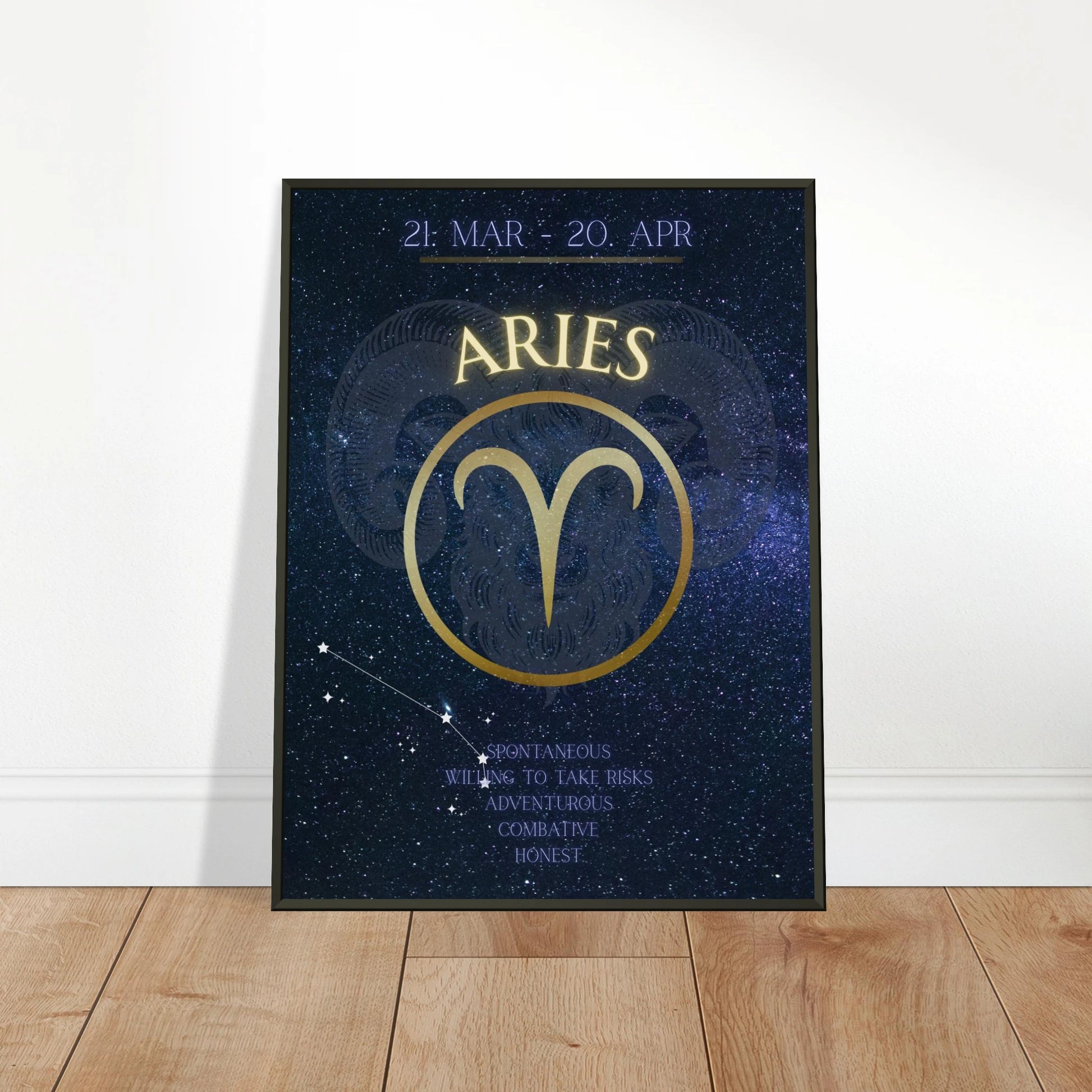 Aries wall art poster leaning against wall in black metal frame modern bedroom decor mockup
