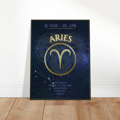 Aries wall art poster leaning against wall in black metal frame modern bedroom decor mockup