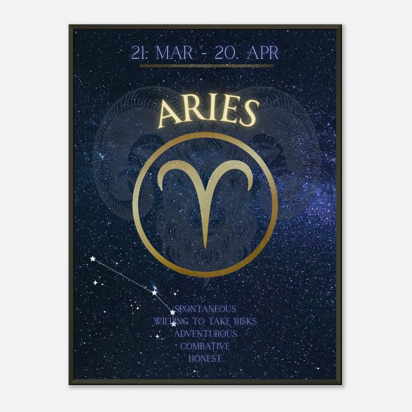 Aries wall art poster in black metal frame featuring bold zodiac symbol and cosmic constellation design