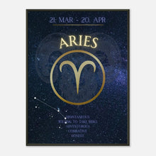 Aries wall art poster in black metal frame featuring bold zodiac symbol and cosmic constellation design