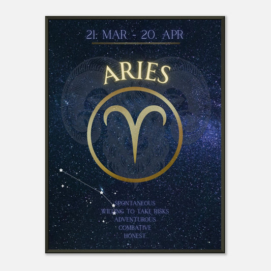 Aries wall art poster in black metal frame featuring bold zodiac symbol and cosmic constellation design