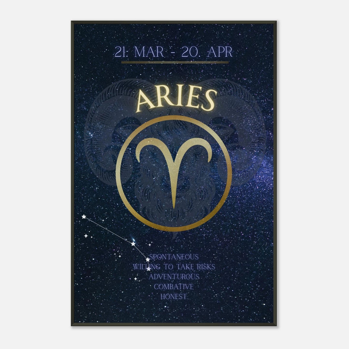 Aries astrology poster in black metal frame clean studio mockup showing horoscope artwork