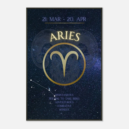 Aries astrology poster in black metal frame clean studio mockup showing horoscope artwork