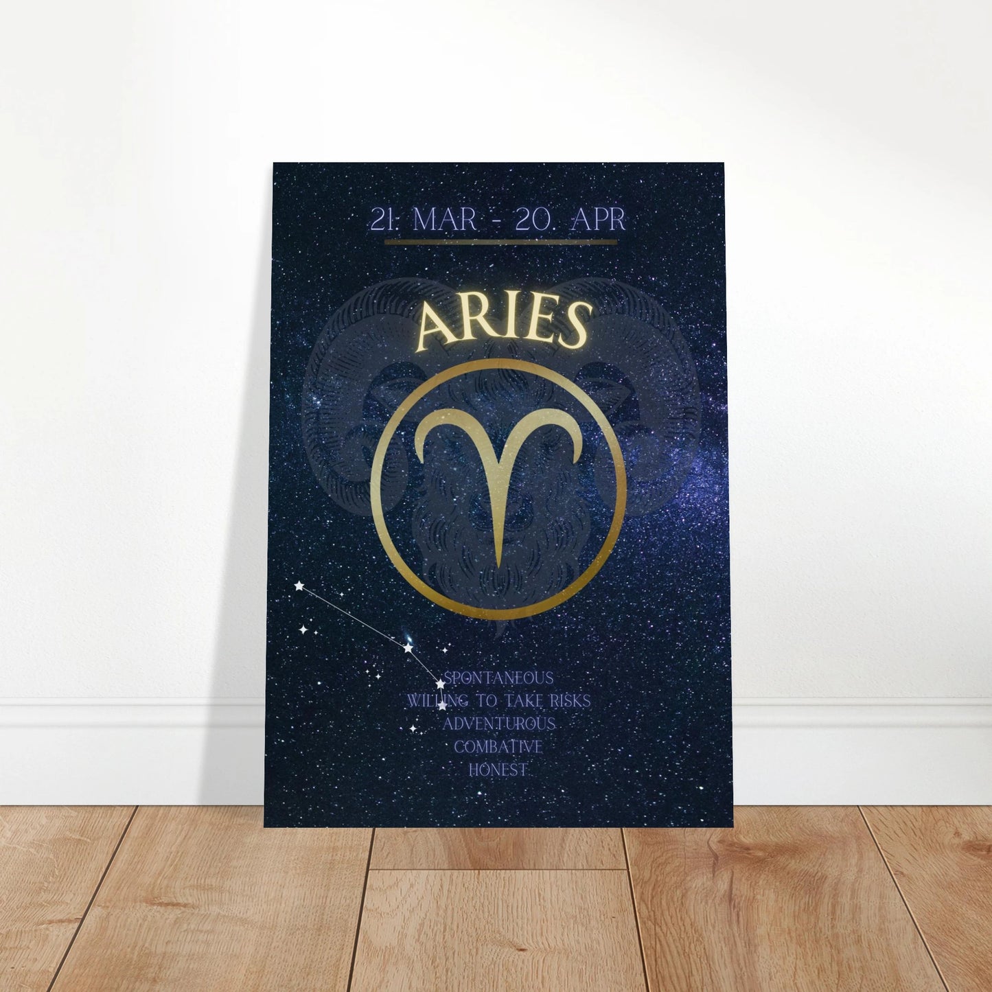 Aries Poster in stilvollem Wohnzimmer – Mockup mit moderner Einrichtung und mutiger Wandkunst für astrologische Deko
