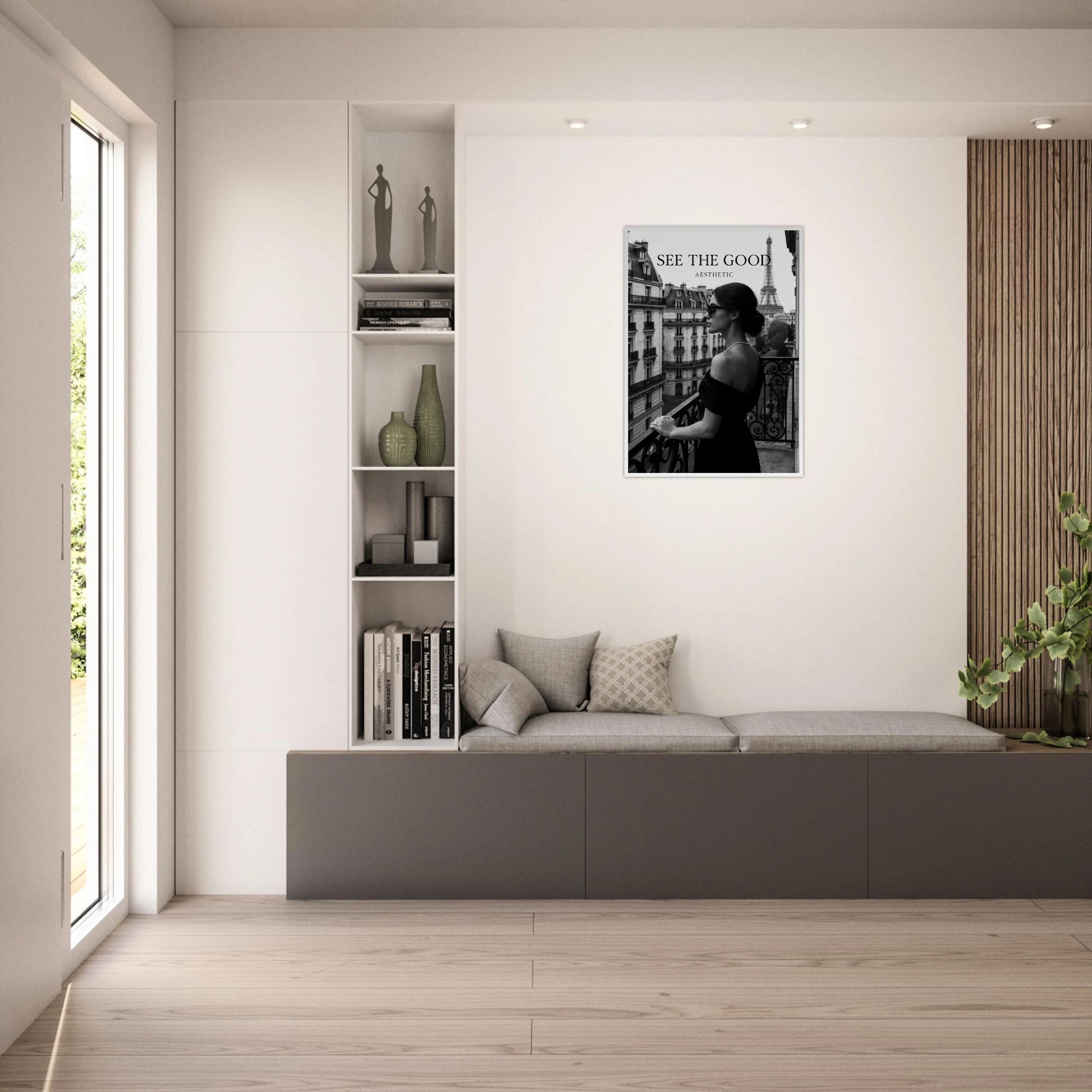 Paris Noir Poster im hellen Wohnzimmer – modernes Schwarz-Weiß-Kunstdruck-Design mit Pariser Skyline. Stilvolle Wanddekoration für elegante Räume.