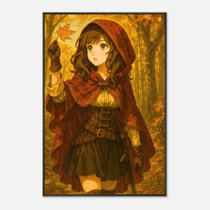 Autumn Adventure Anime Wandbild in dunklem modernen Interior, schwarzer Metallrahmen mit warmer Herbstatmosphäre