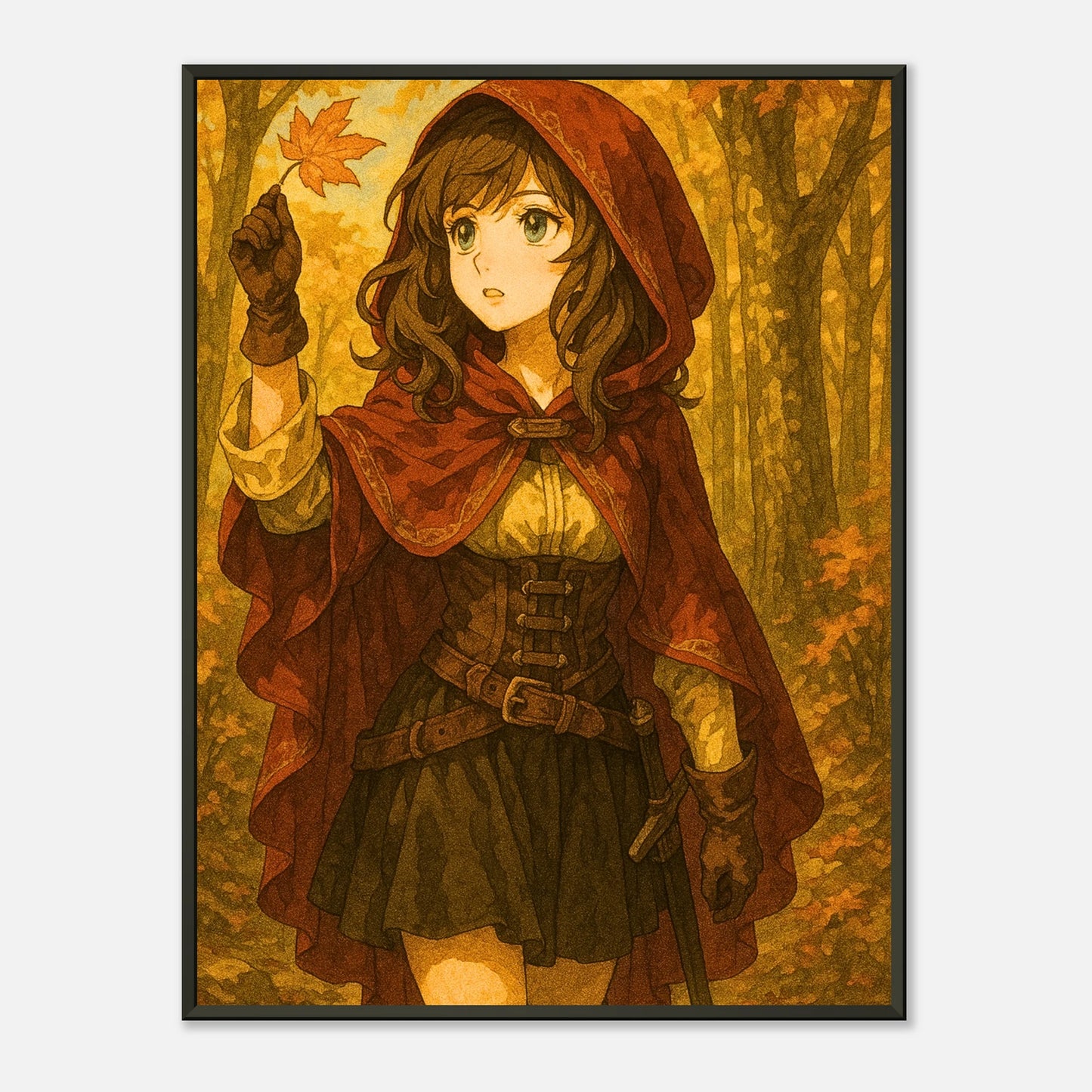 Autumn Adventure Anime Wandbild mit schwarzem Metallrahmen, junges Mädchen im herbstlichen Wald in warmer Fantasy Stimmung