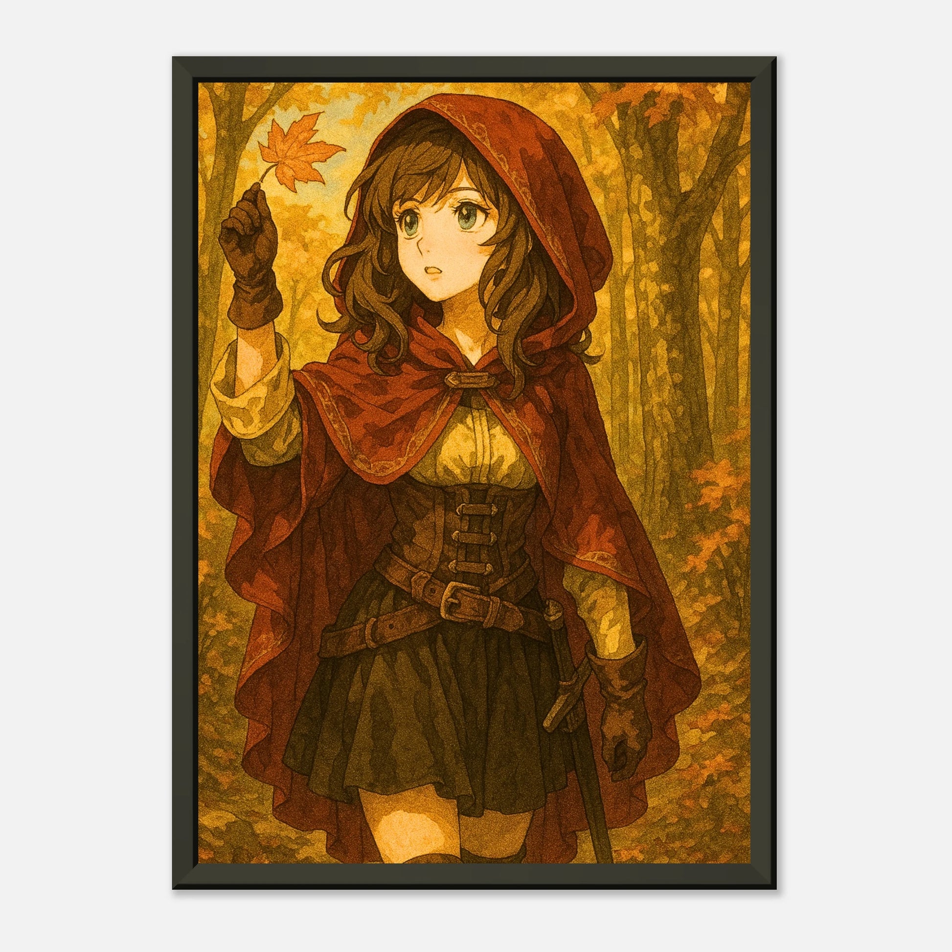 Autumn Adventure Anime Wandkunst frontal dargestellt, stimmungsvolles Herbstmotiv im schwarzen Metallrahmen