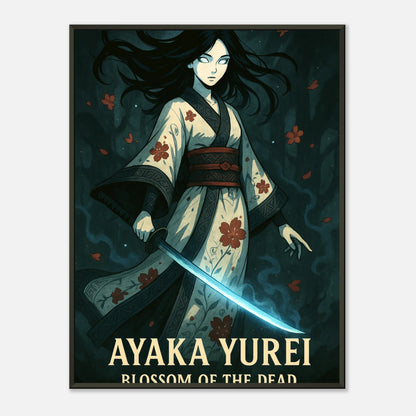 Ayaka Yurei Anime Poster „Blossom of the Dead“ im schwarzen Metallrahmen – dunkle Samurai-Geisha Wandkunst von Defa Designs