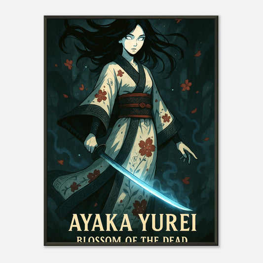 Ayaka Yurei Anime Poster „Blossom of the Dead“ im schwarzen Metallrahmen – dunkle Samurai-Geisha Wandkunst von Defa Designs