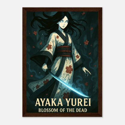 AYAKA YUREI Poster im dunkelbraunen Rahmen – geisterhafte Samurai-Frau mit leuchtendem Schwert, symbolträchtige Anime-Kunst über Schmerz und Schönheit. Defa Designs.