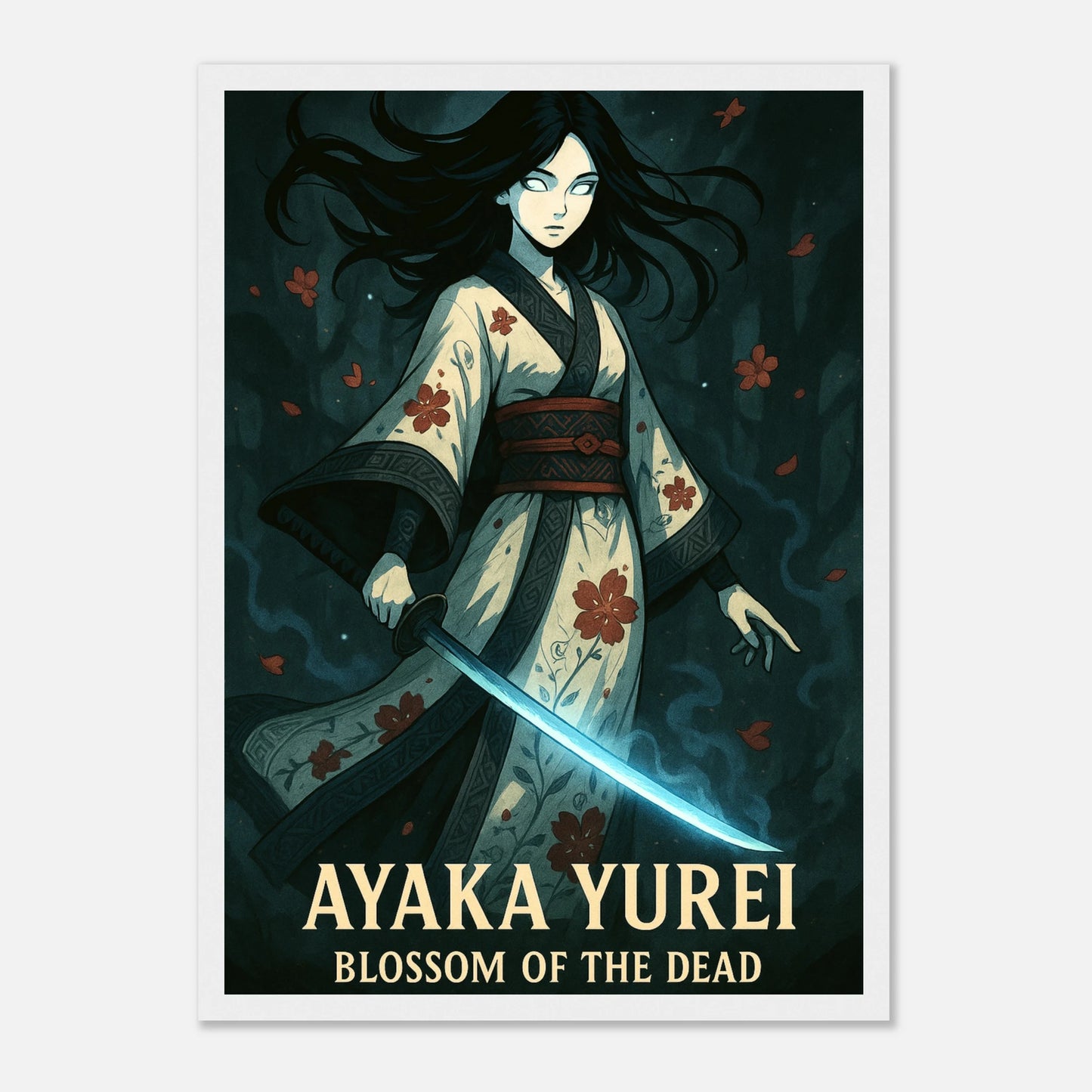 AYAKA YUREI Poster im weißen Rahmen – geisterhafte Kriegerin mit blauem Schwert, stilvolle Anime-Wandkunst inspiriert von japanischer Mythologie. Defa Designs.
