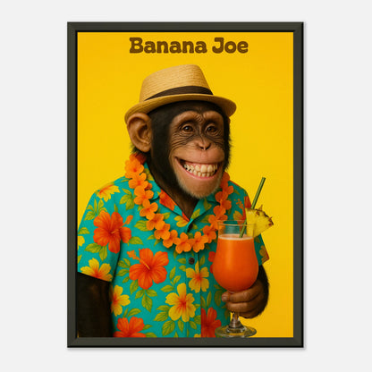 Detailaufnahme des Banana Joe Posters – tropischer Cocktail und lachender Affe in hochwertigem Kunstdruck, lebendige Farben.