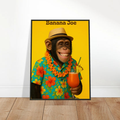 Banana Joe Poster an die Wand gelehnt – humorvolle Tropenkunst mit Affe und Cocktail, farbenfroher Eyecatcher im Wohnraum.