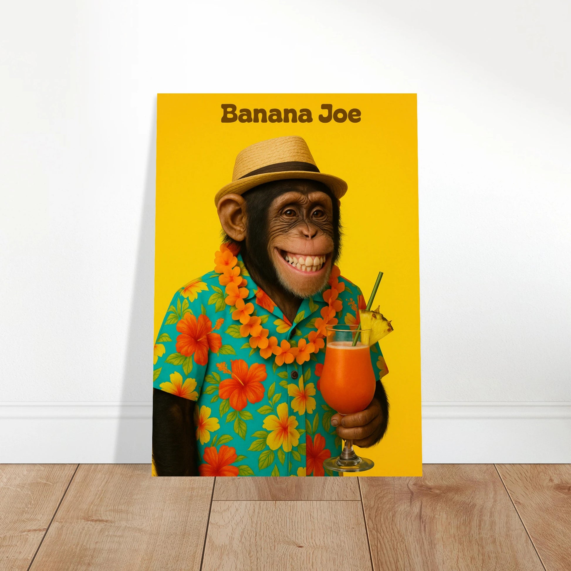 Unframed Banana Joe poster – tropical monkey wall art standing on wooden floor.