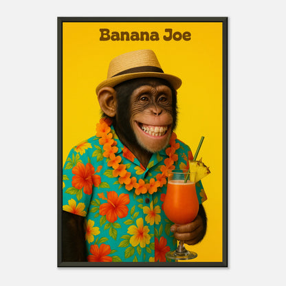 Banana Joe Poster in Schrägansicht – sonniges Gelb, schwarze Rahmenoptik und humorvolle tropische Stimmung im modernen Stil.