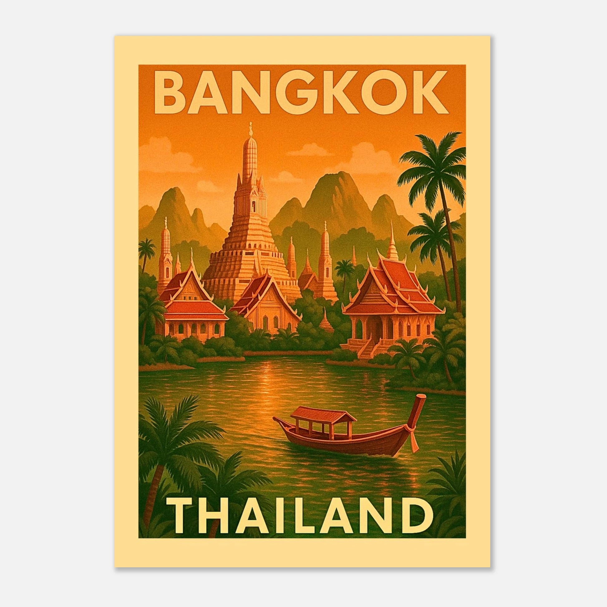 „Bangkok City Poster – Thailand Wanddeko, Vintage City Art Print mit Tempelillustration“