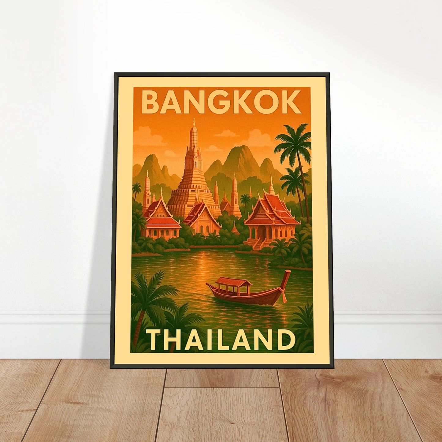 Bangkok Thailand wall art poster leaning on floor in black metal frame, showcasing retro travel city artwork