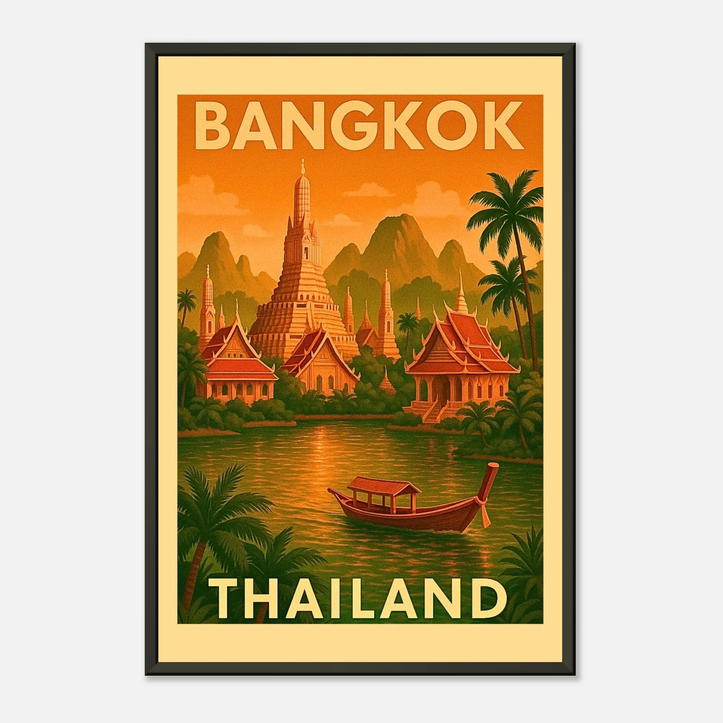 Retro Bangkok Thailand travel poster in elegant black metal frame with temples, palm trees and tropical river landscape