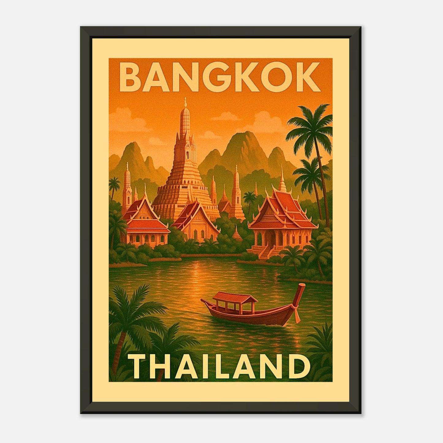 Vintage Bangkok Thailand city poster in black metal frame with palm trees, river boat and classic travel illustration style