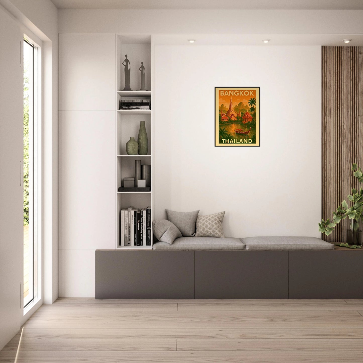 Bangkok Thailand vintage wall art displayed in bright living room interior with black metal frame