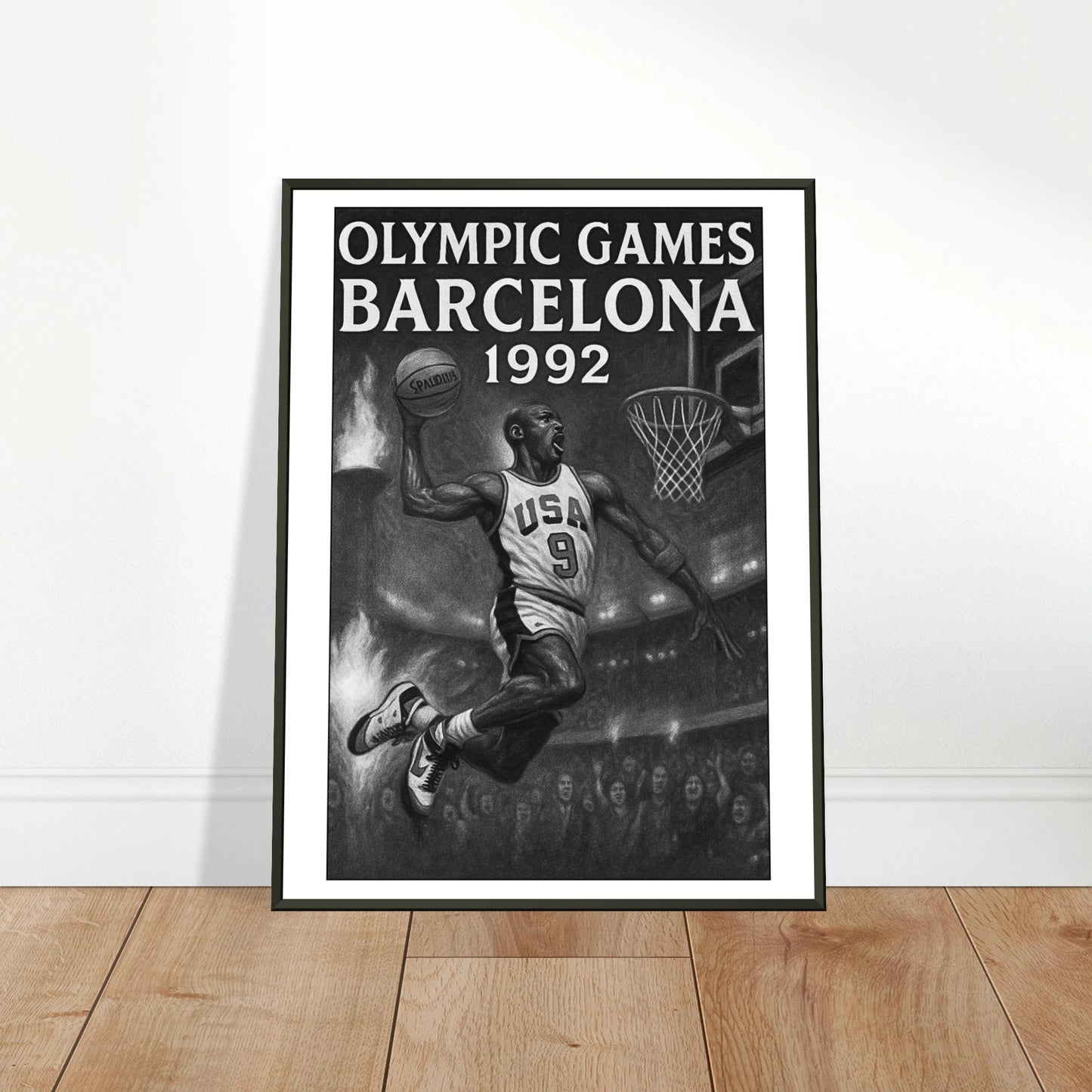 Barcelona 1992 Poster an die Wand gelehnt | Vintage Basketball Design im schwarzen Metallrahmen | DEFA Designs