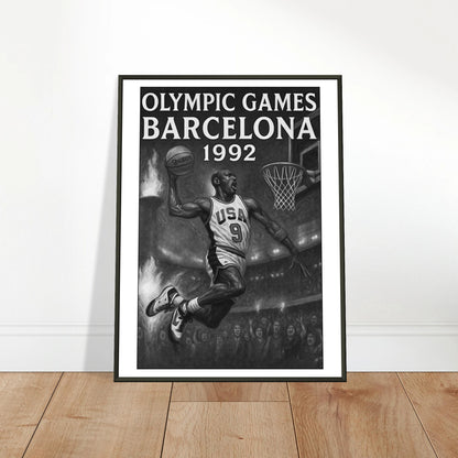 Barcelona 1992 Poster an die Wand gelehnt | Vintage Basketball Design im schwarzen Metallrahmen | DEFA Designs
