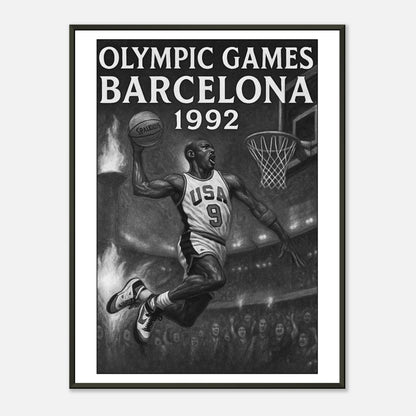 Barcelona 1992 – The Rise of Legends Basketball Poster im schwarzen Metallrahmen | Vintage Olympia Kunstwerk mit legendärem Dunk-Motiv | DEFA Designs