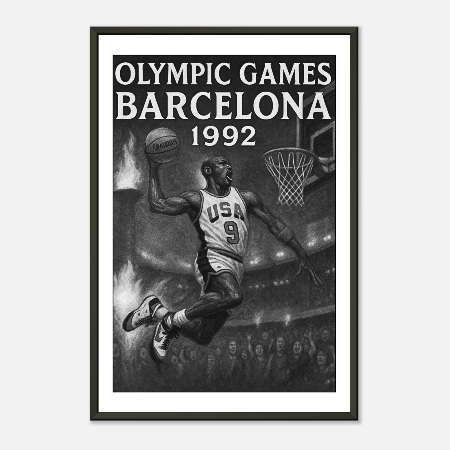 Vintage Basketball Wandbild – Barcelona 1992 | Elegantes Schwarz-Weiß Poster im schwarzen Metallrahmen | DEFA Designs