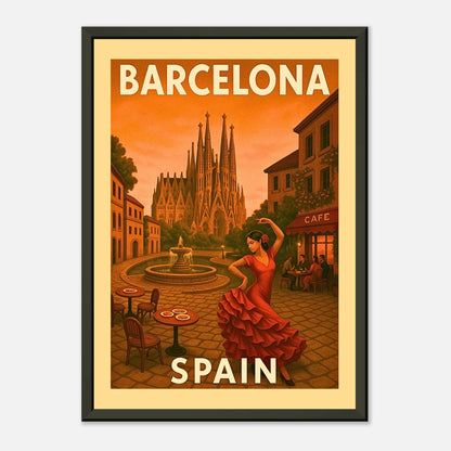 Barcelona city vintage poster in black metal frame with traditional architecture and retro travel artwork