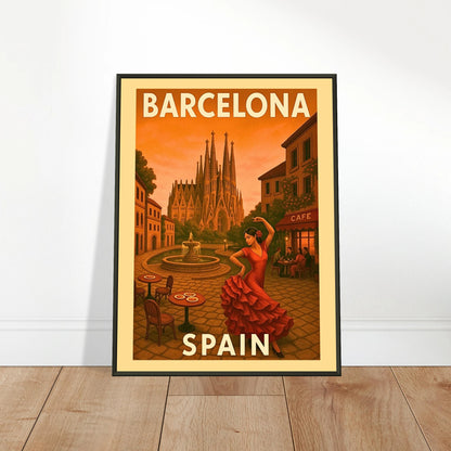 Barcelona Spain vintage travel poster leaning on floor in black metal frame