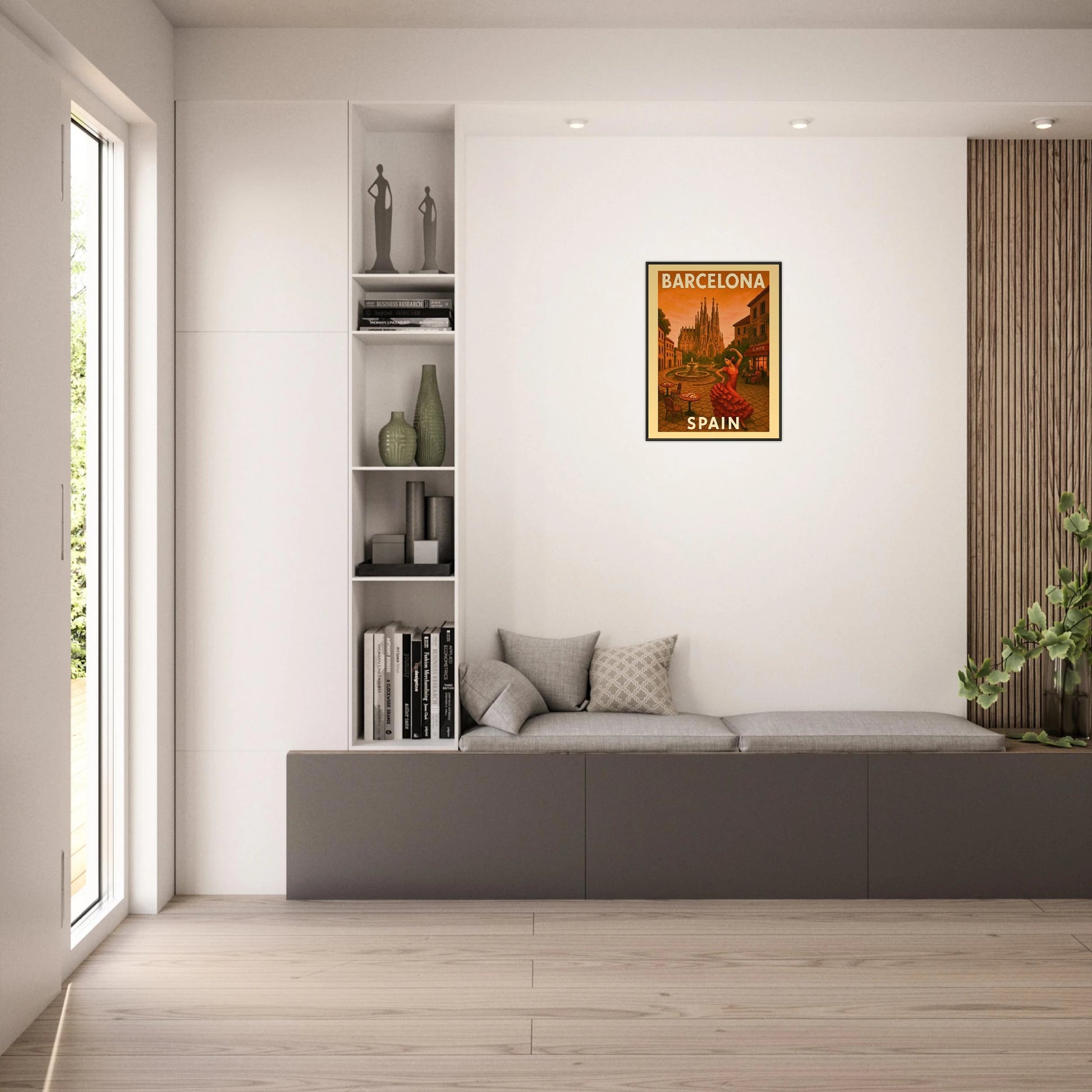 Barcelona Spain wall art poster displayed in bright living room interior with black metal frame