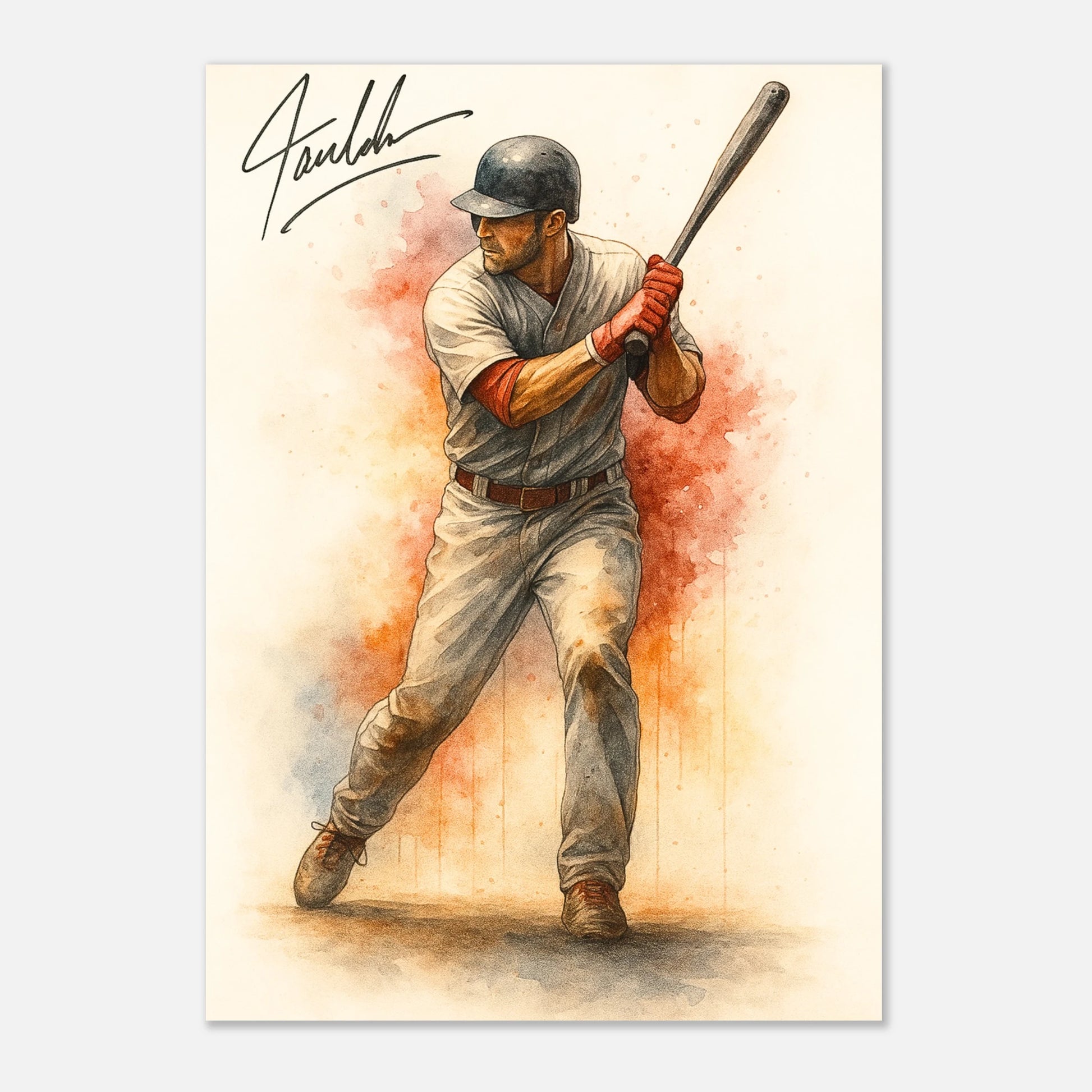 Baseball poster “Power at the Plate” displayed in modern living room – sports wall decor inspiration for interior design.