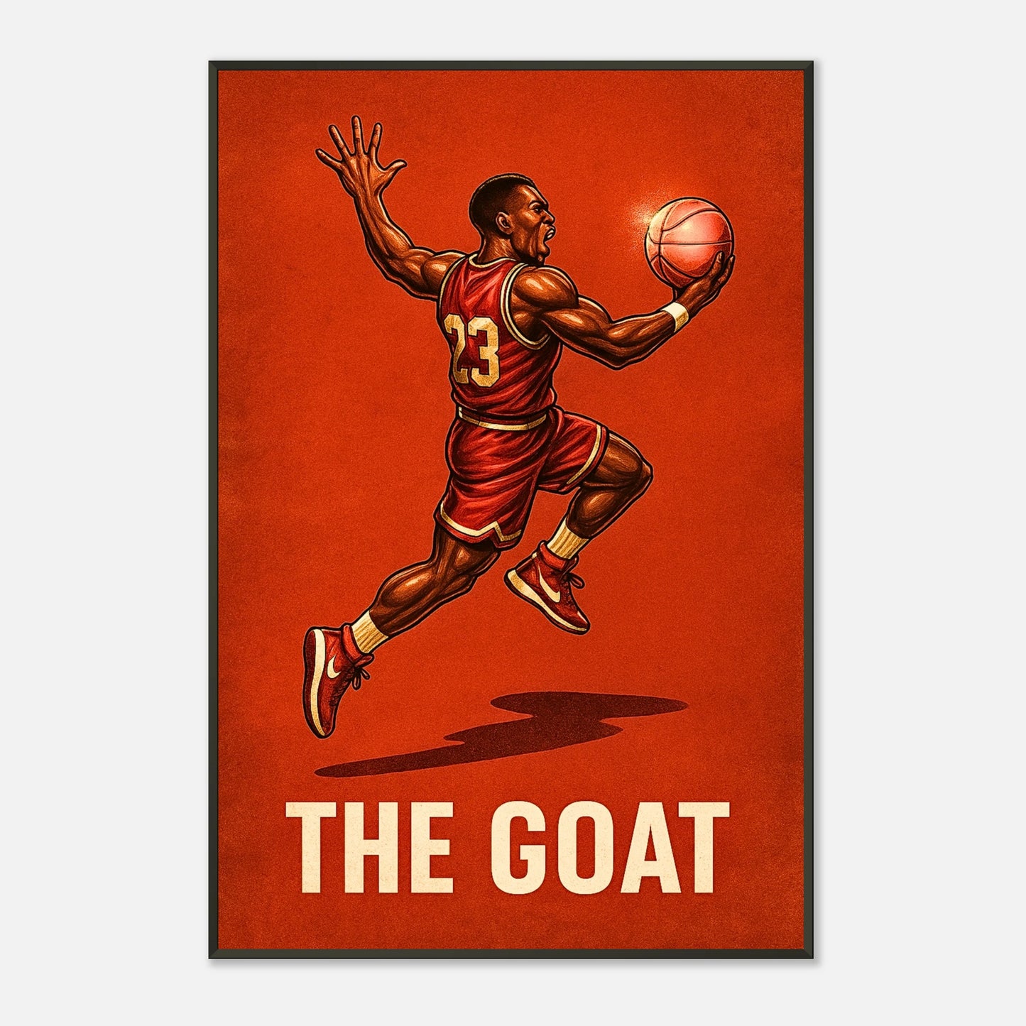 Nahaufnahme des Air Legend Posters – Basketballspieler beim Sprungwurf, leuchtend roter Hintergrund, hochwertiger Druck im schwarzen Metallrahmen | DEFA Designs