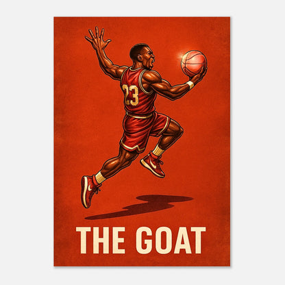Stylish basketball poster “The GOAT – Air Legend” displayed in modern living room – sports-inspired wall decor idea.