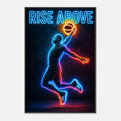 Basketball Wandbild – Rise Above im Neon-Design | Leuchtendes Motiv eines Spielers beim Dunk im schwarzen Metallrahmen | DEFA Designs