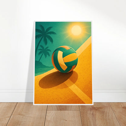 Beach Volleyball Poster ohne Rahmen – sommerliches Retro Wandbild mit Sonne, Sand und Palmen