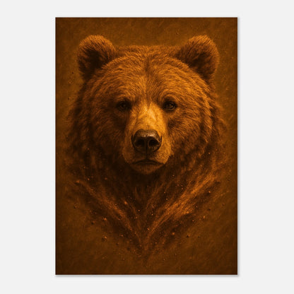 Brown bear poster leaning on wooden table, wildlife wall art print for stylish home decoration.

