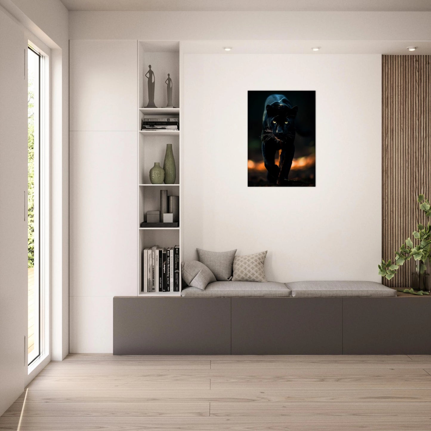 Black panther wall art hanging in stylish modern living room – premium wildlife poster by DEFA