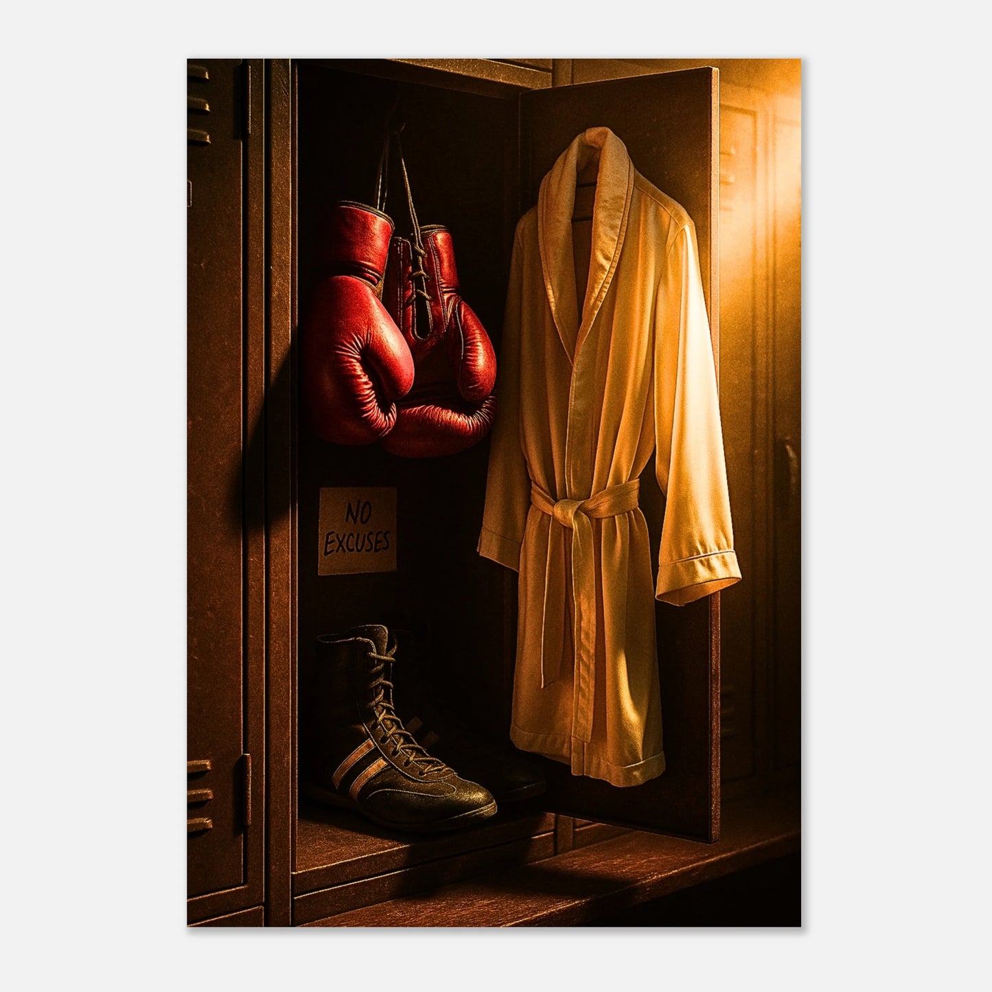 Boxposter „No Excuses“ – sportliche und motivierende Wandkunst für Athleten und Sportbegeisterte