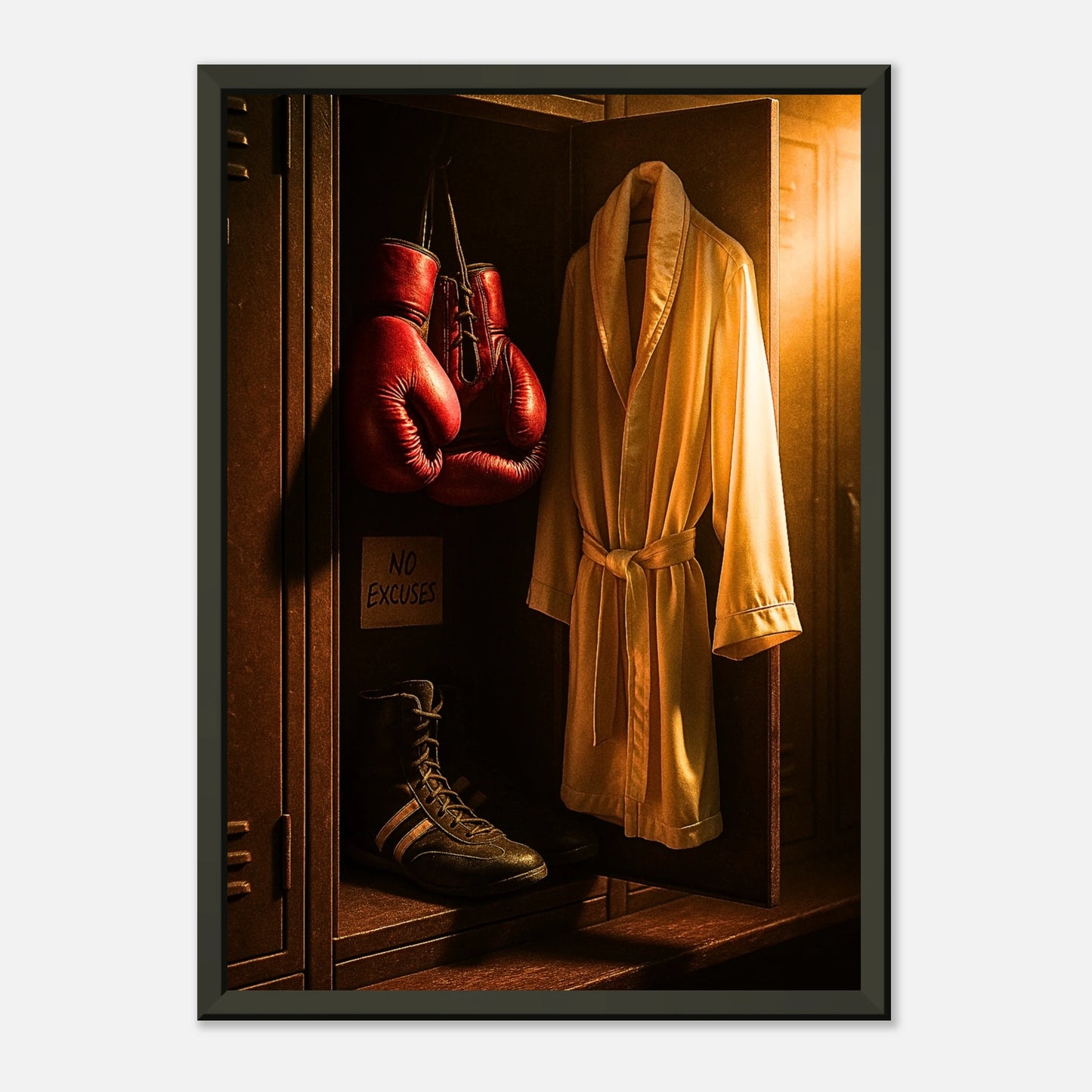 Boxposter „No Excuses“ – starke Motivationskunst mit roten Handschuhen und goldenem Licht | Eleganter schwarzer Metallrahmen | DEFA Designs