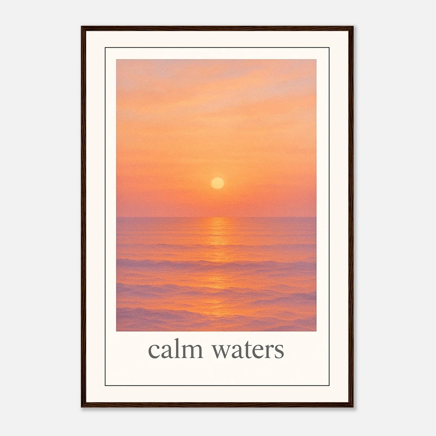 Calm Waters Poster im schwarzen Holzrahmen – elegantes Sonnenuntergang Wandbild am Meer für moderne Wände