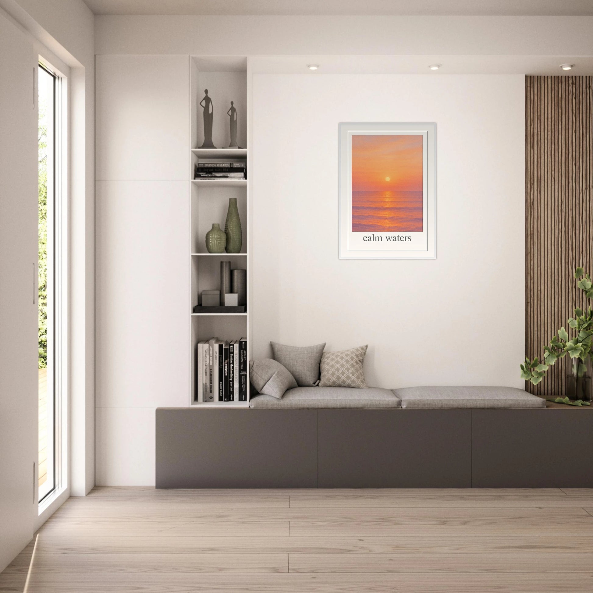 Calm Waters Poster mit Sonnenuntergang am Meer – stilvolle Wanddekoration im modernen Wohnzimmer