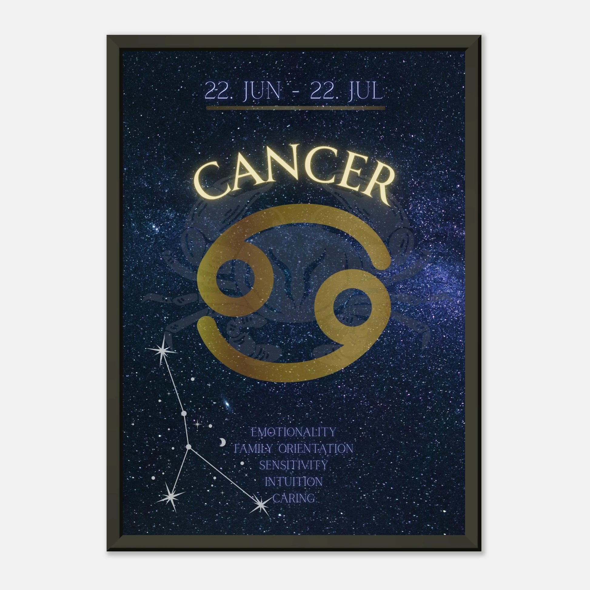 Cancer horoscope wall art print in black metal frame featuring June 22 to July 22 zodiac dates