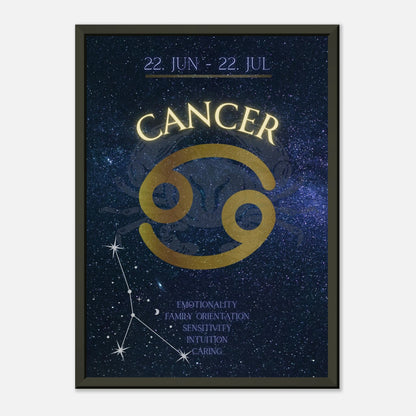 Cancer horoscope wall art print in black metal frame featuring June 22 to July 22 zodiac dates