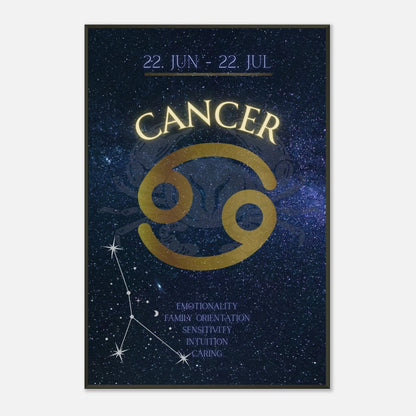 Cancer zodiac wall art in black metal frame front view with blue galaxy background and astrology symbol