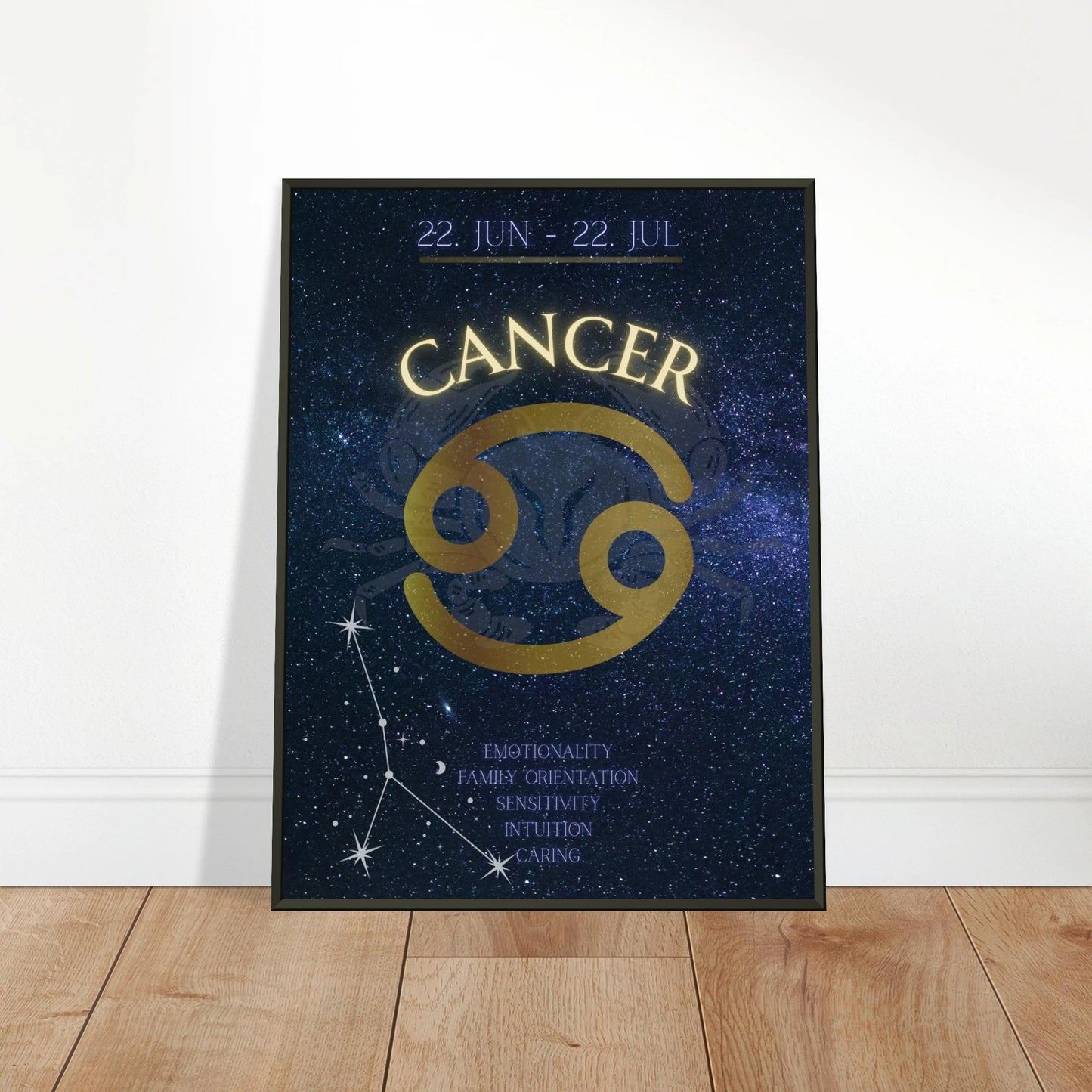Cancer wall art poster leaning against wall in black metal frame modern bedroom decor mockup