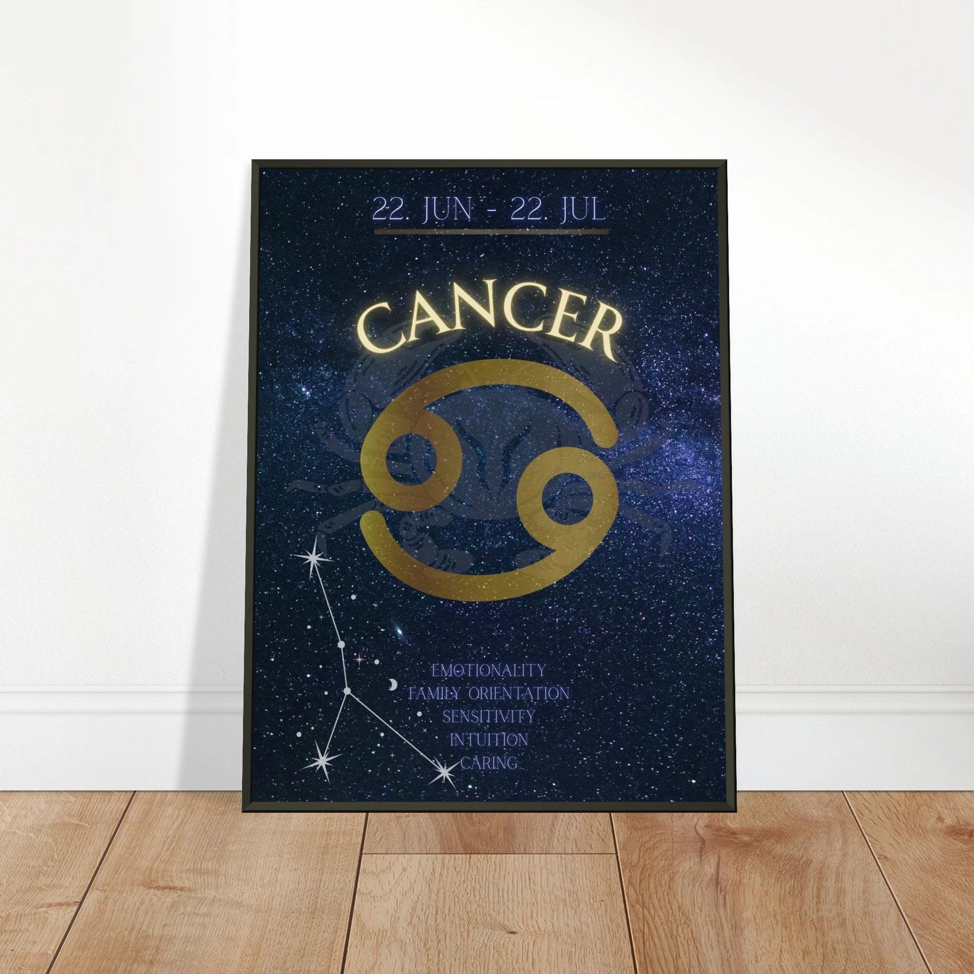 Cancer wall art poster leaning against wall in black metal frame modern bedroom decor mockup