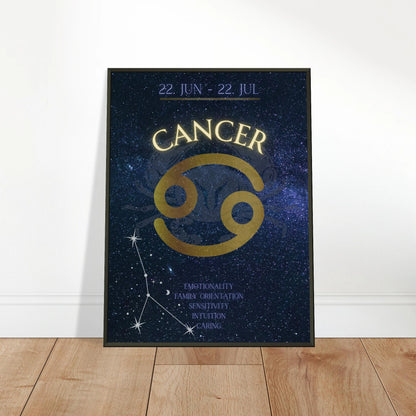 Cancer wall art poster leaning against wall in black metal frame modern bedroom decor mockup