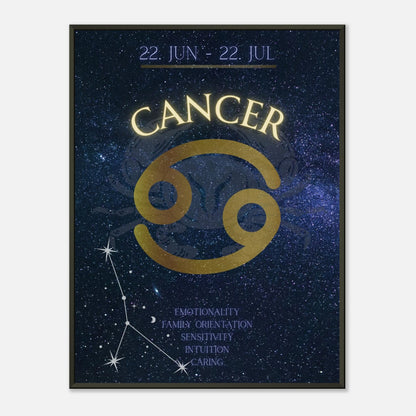 Cancer wall art poster in black metal frame featuring zodiac symbol and cosmic constellation design
